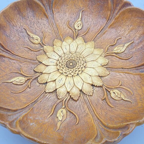 Vtg Sunflower Bowl Multi Prod Inc USA Faux Wood Boho Chic‎ 11.5” MCM Centerpiece - Picture 2 of 12